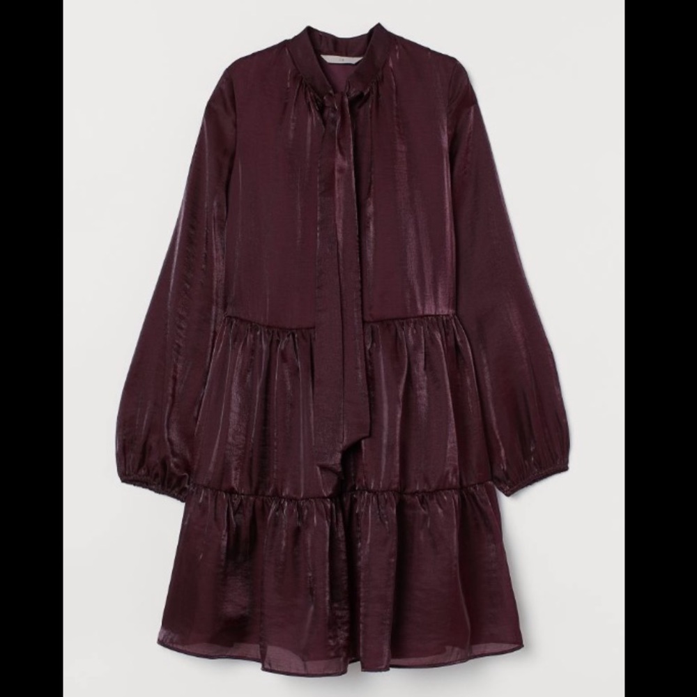 H&M Shiny Metallic dark purple plum Tie Neck Ruffle Dress XXS